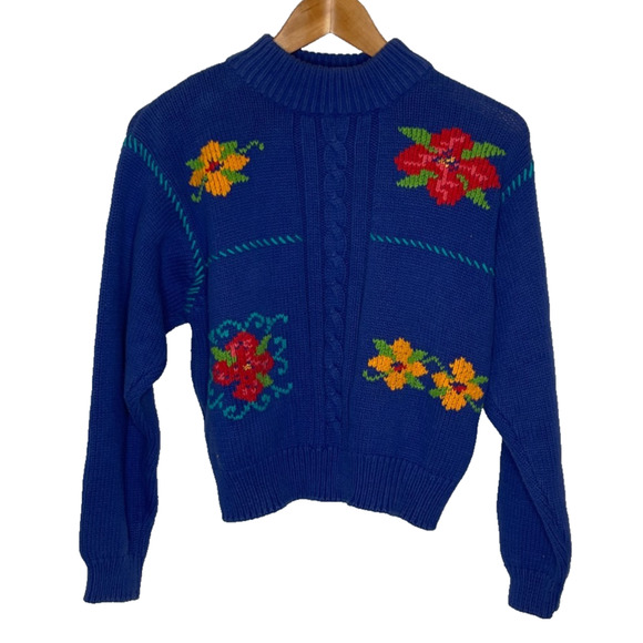 Liz Claiborne Sweaters - Women's Petite Small Vtg Liz Claiborne Blue Floral Knit Cotton Crop Sweater